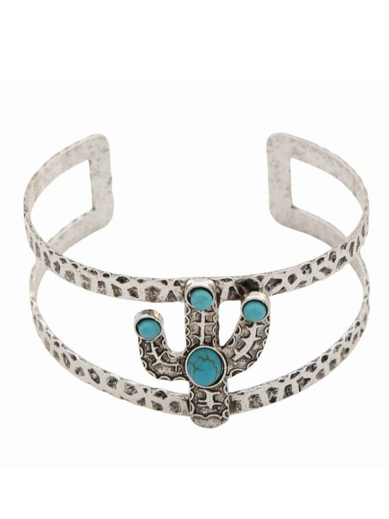 Jewelry - J10 Western Turquoise Center Cactus Hammered Cuff Bracelet Silver Tone  NEW